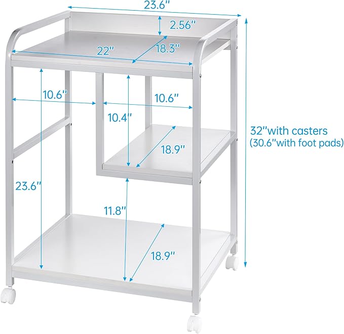 Large Printer Stand Table with Storage Shelf for Host Computer, PC Tower, CPU and Shredder, 3 Tier Rolling Printer Cart with Wheels for Home Office Storage and Organization - White