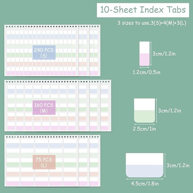475 PCS Sticky Tabs, 10 Sheets, 3 Sizes Divider Tabs Stickers, Writable Index Tabs, Repositionable Tape Flags for Books, Binders and File Folders