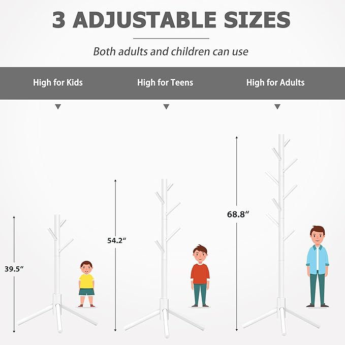 Wooden Coat Rack, Free Standing Coat Rack with 8 Hooks 3 Adjustable Heights for Clothes, Hats, Handbags, Coat Tree Easy Assembly for Entryway, Bedroom, Hallway, Office(2PCS)