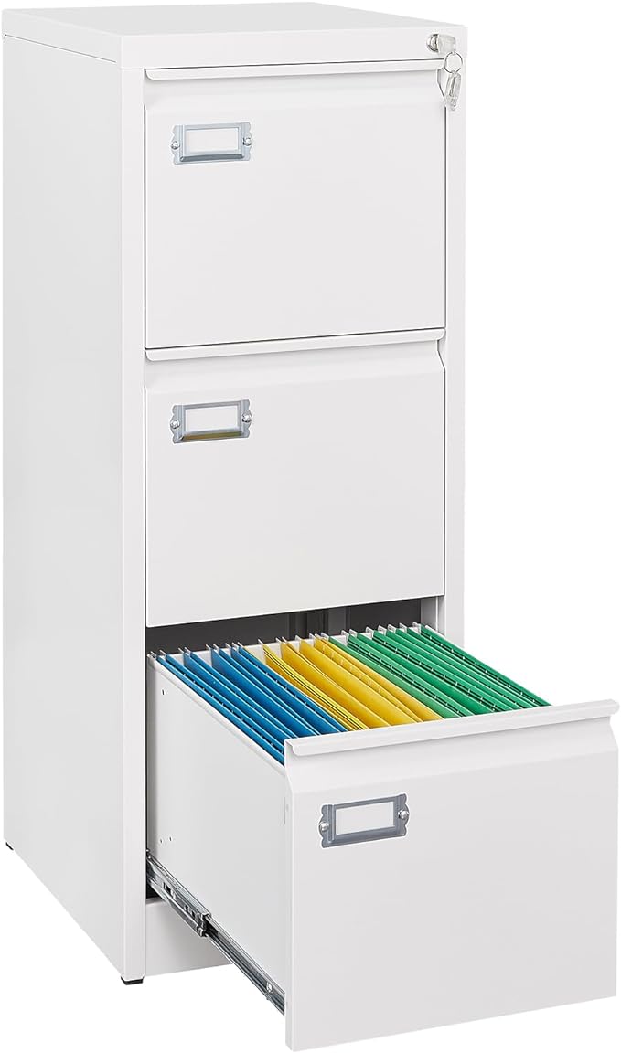 SISESOL 3 Drawer File Cabinet with Lock and Tag,Narrow Three Drawer Filing Cabinet,Vertical Metal File Cabinets,White Filing Cabinets for Home Office Fit Letter/A4/Legal Size File,Easy Assembly