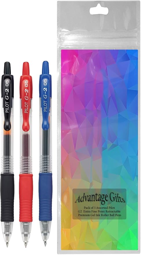 G2 Retractable Premium Gel Ink Roller Ball Pens Extra Fine Point (.5mm) Black/Blue/Red Ink 3 pack; Refillable & Premium Comfort Grip Bundle with Plastic Reusable Pouch