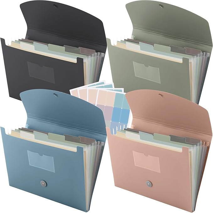 Harloon 4 Pack Expanding File Folder 7 Pocket, Expanding File Organizer with Labels, A4 Letter Size Folders with Pocket for Documents Office Travel Portable(Classic Color)