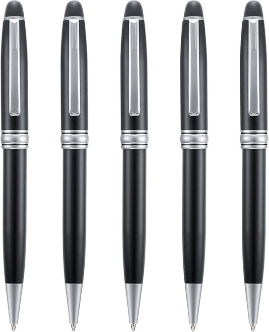 5 PCS Black Ballpoint Pens with Extra Refills Set, 1mm Medium Point Black Ink, Great Smooth Writing Metal Pen for Business Office Teacher Student Wedding Guest Gift (SilverTrim)