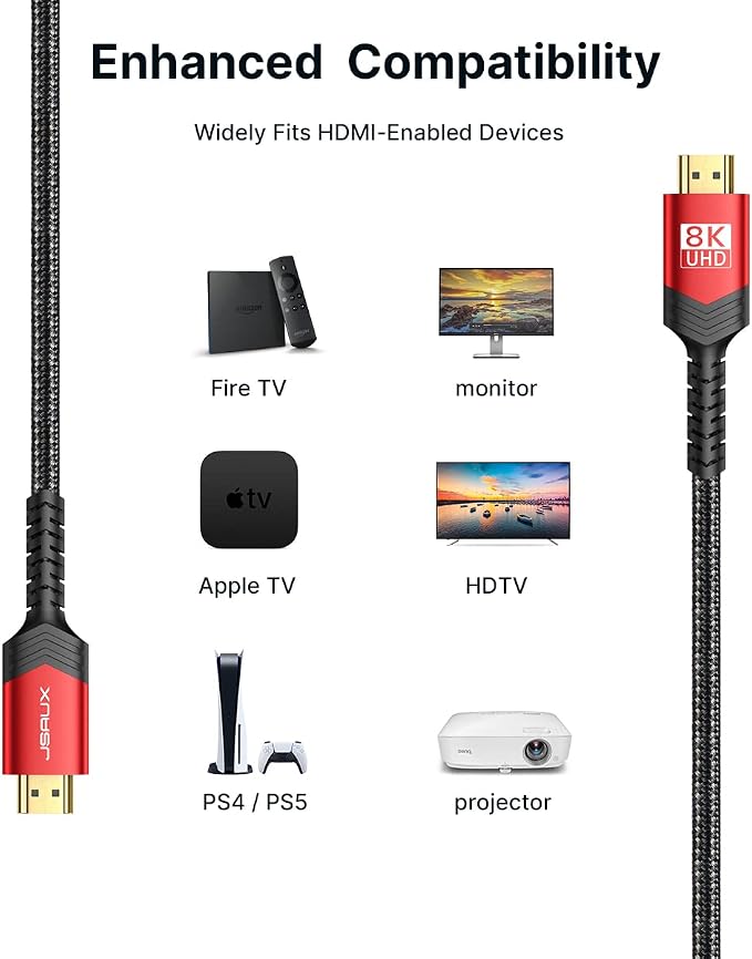 8K HDMI Cable 2.1 2 Pack 6ft, JSAUX 48Gbps Ultra High Speed HDMI Cable Braided - Image 6
