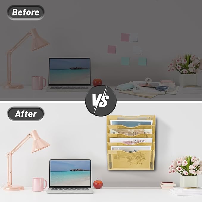 EASEPRES 5 Pocket Mesh Hanging Wall File Organizer, Wall Mounted Mail Paper Document Folder Holder, Clipboard Storage Organization Magazine Rack with Nametag Label for Office Home School, Gold