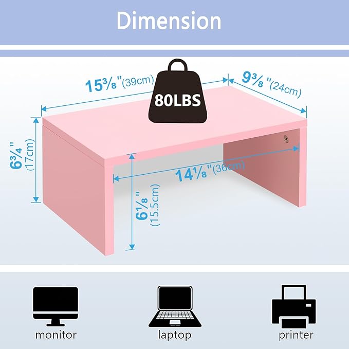 TEAMIX Pink Monitor Stand Riser-6.7 inch, Wood Higher Monitor Riser with Storage for Desk, Laptop Riser Computer PC Stand for Desktop Workspace Home Office(Pink-Higher)