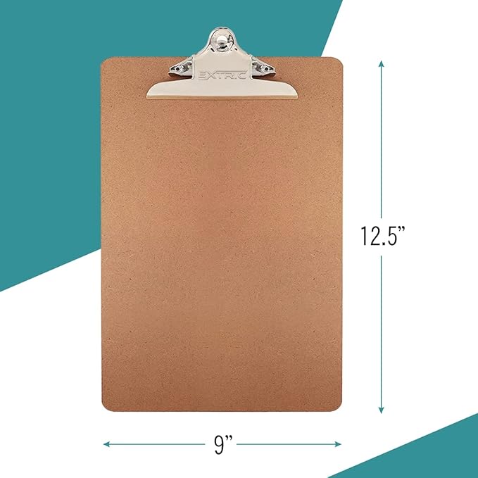 6 Clipboards Standard A4 Letter Size, 9x12.5 inch Wooden Clipboard with 6" Metal Clip, Hardboard, Ideal for 8.5 x 11 Inch Paper, for Office, School, and Home Use