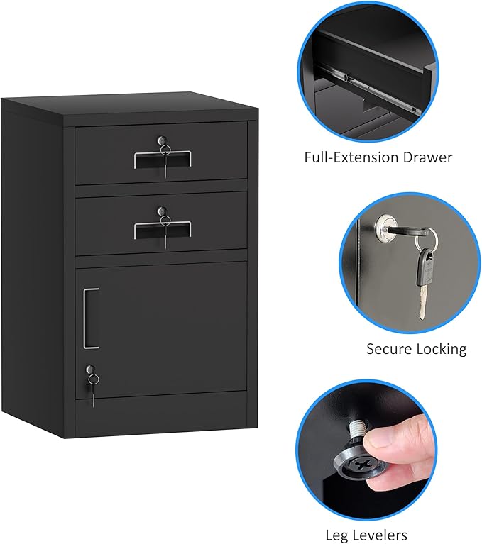 Metal Storage Cabinet with Locking Door and 2 Lockable Drawers for Home Office Bedroom Living Room (Black)