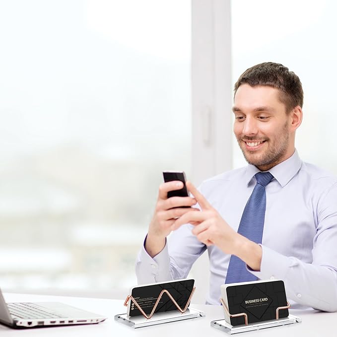 Amyhill 2 Pieces Acrylic Business Card Holder for Desk Clear Horizontal Business Card Display Stand Postcard Holder for Office Home Desktop (Rose Gold)