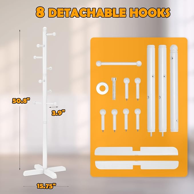 Kids Coat Rack, Freestanding Coat Racks with 8 Hooks 2 Adjustable Height, Tree Coat Rack for Bedroom, Hallway, Entrance, Office, Hats, Handbags,Purse (White)