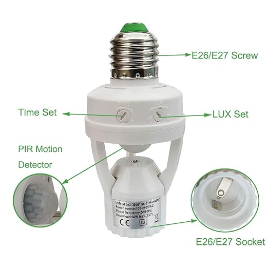 Motion Sensor Light Socket, E26 E27 PIR Motion Screw Bulb Adapter Indoor Use - Image 2