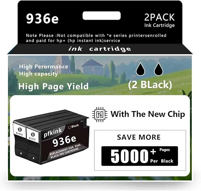 936e Black Ink Cartridge (with Chip) Replacement for HP 936e 936 Compatible with HP OfficeJet Pro 9125e 9135e 9128e 9122e 9110b 9130b 9730e 9730 Printers (2Black)