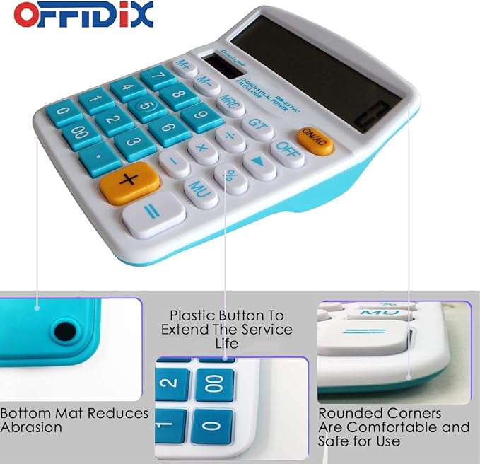 OFFIDIX Office Desktop Calculator, Solar and Battery Dual Power Electronic Calculator Portable 12 Digit Large LCD Display Calculator, Blue