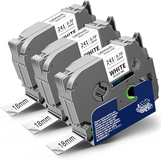 18mm 0.7" Tape Laminated White Compatible with P Touch Label Tape TZe-241 TZ241 TZe241 Refills for Ptouch PT-D410 PT-D400 PT-D600 Label Maker (Black on White, 3-Pack)