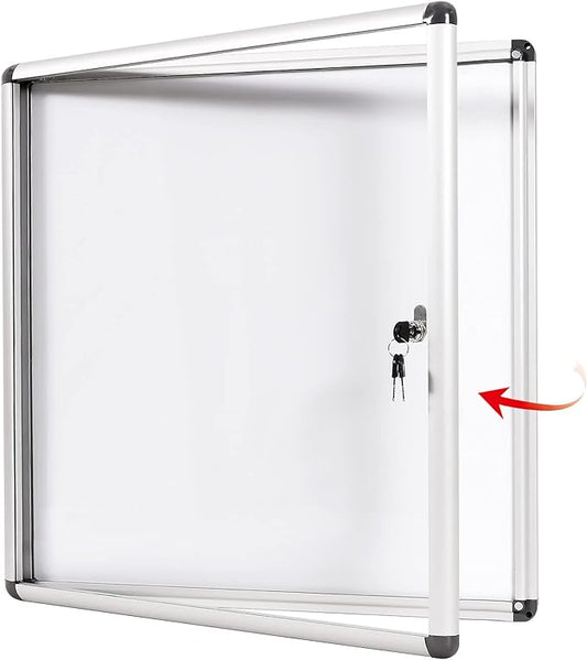 SWANCROWN Lockable Noticeboard White Bulletin Boards Magnetic Wall Mount Message Board with Glass Door and Keys 28x26inch(6xA4)