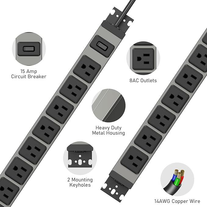 JUNNUJ Heavy Duty Power Strip 8 Outlet Wall Mount, Metal 20 Amp Surge Protector 1200J, Garage Industrial Outlets 6-20R T-Slot, 6FT 12AWG Extension Cord.