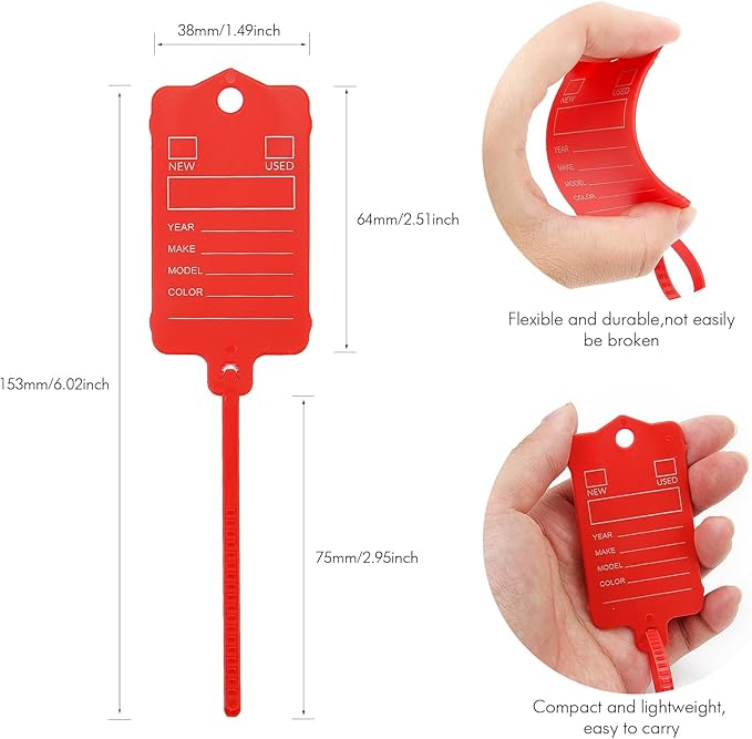 200 Car Key Tags with Labels Plastic Car Dealership Key Tags Self Locking Automotive Identifiers Blank Shop Labels with One Pen (Red)
