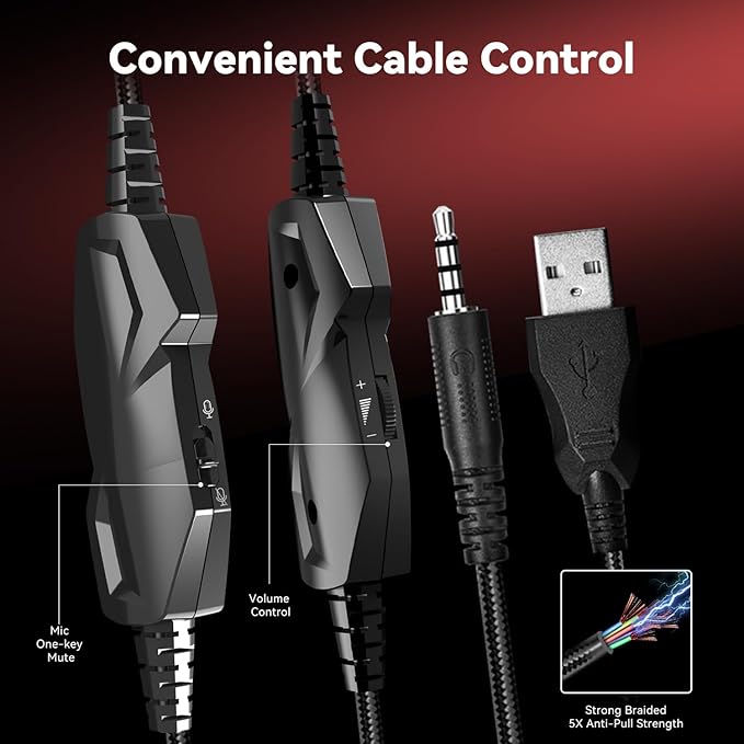 Gaming Headset with Microphone for Pc, Xbox One Series X/s, Ps4, Ps5, Switch, Stereo Wired Noise Cancelling Over-Ear Headphones with Mic, RGB, for Computer, Laptop, Mac, Nintendo, Gamer (Red)