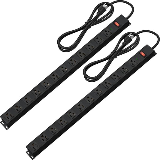 12 Outlet Long Power Strip Surge Protector with 2100 Joules, 6FT Power Cord, Wide Spaced Outlet Power Bar, Overload Protection Switch, Industrial Heavy Duty for Work Bench, Shop, Garage (Black),2 Pack