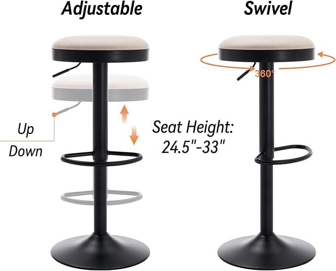 Round Swivel Counter Height Bar Stools Set of 2 Modern Adjustable Barstools Backless PU Leather Bar Chairs Industrial Island Chairs with Metal Base/Footrest for Kitchen Island/Pub/Cafe Beige
