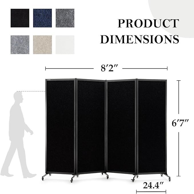 Upgrade Version Room Partition and Divider, Freestanding Rolling Dividers with Wheels,Office Privacy Screen Divider Wall,Classroom Felt Dividers,8'2"L* 6'7"H,4 Panel，Black
