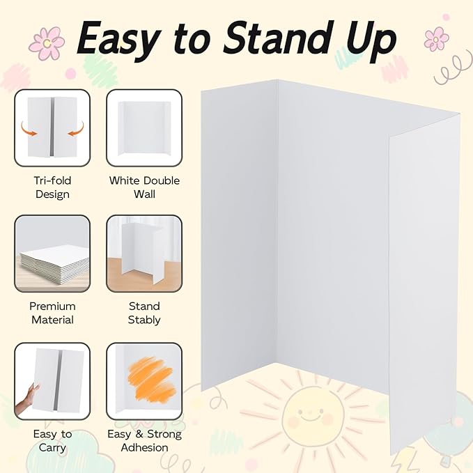4 Pack Trifold Poster Board, 36x48 Inches White Presentation Board, Portable Display Board for Science Fair, School DIY Project and Business Exhibitions