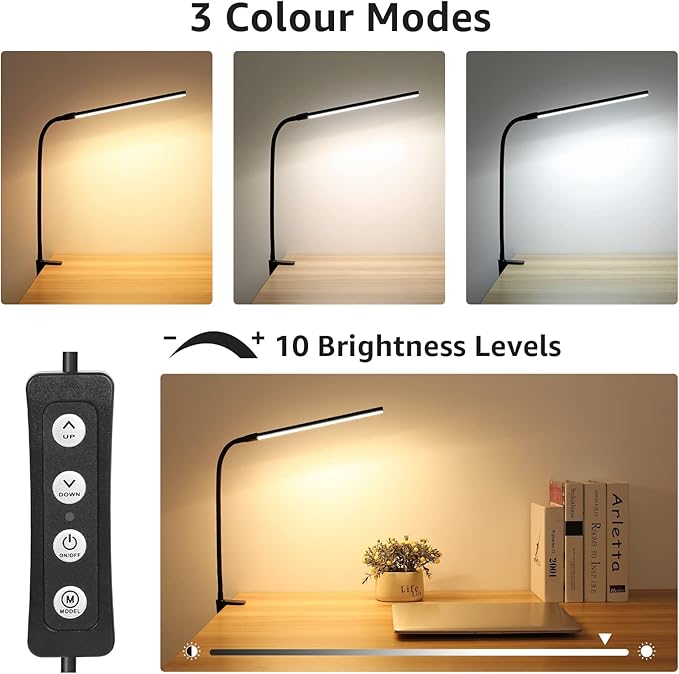 Lepro Clip on Desk Lamp LED Reading light Dimmable USB Small Clamp Lamp with 3 Color Modes 10 Brightness, Adjustable Flexible Gooseneck Table Light for Bed Headboard, Nail, Home Office,Computer(Black)