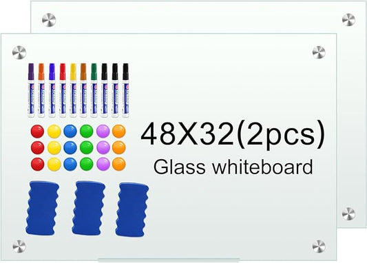H-Qprobd Glass White Board for Wall Dry Erase Board 48" x 32" (2pcs) Magnetic Presentation Whiteboard for Home, Office and School