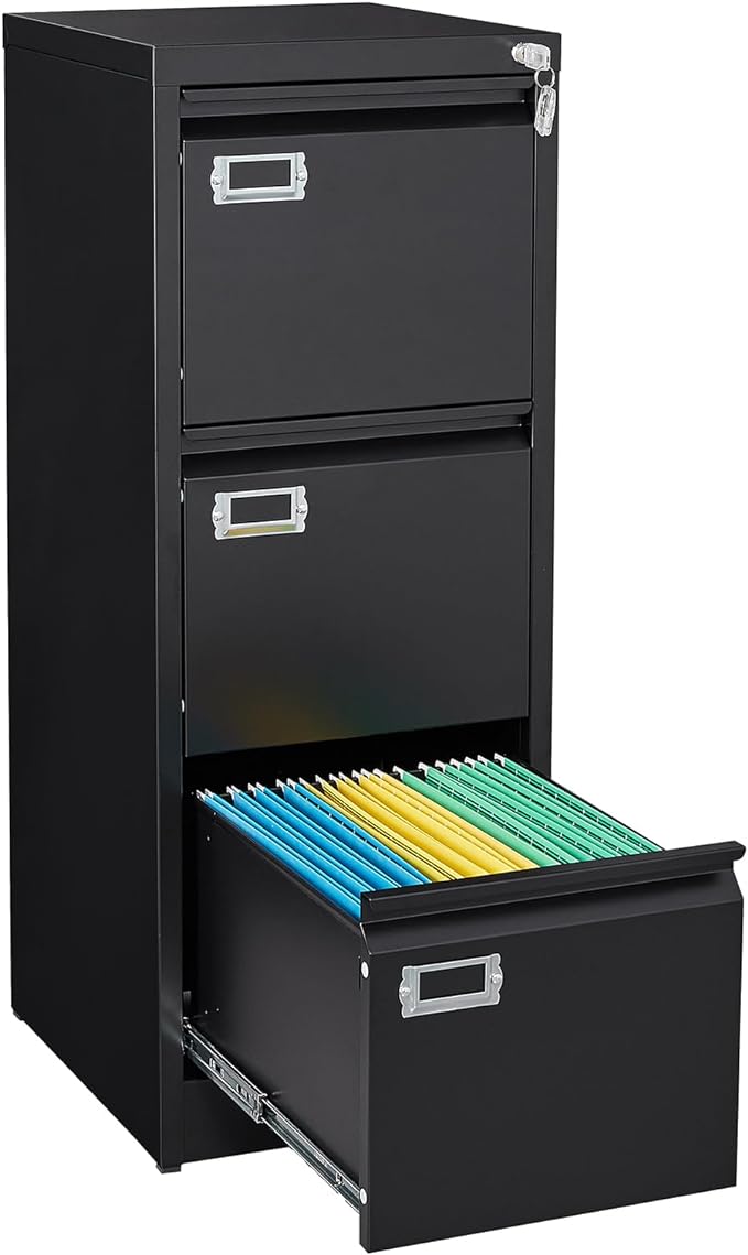 SISESOL 3 Drawer File Cabinet with Lock and Tag,Narrow Three Drawer Filing Cabinet,Vertical Metal File Cabinets,Small Black Filing Cabinets for Home Office Fit Letter/A4/Legal Size File,Easy Assembly