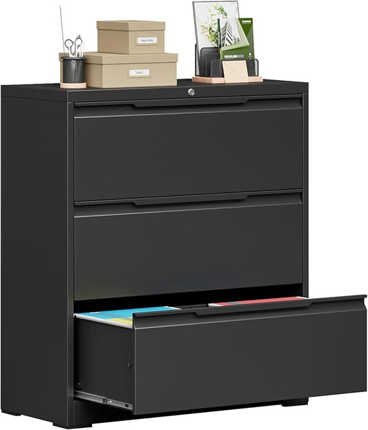 Lateral File Cabinet with Lock, 3 Drawer Lateral Filing Cabinet for Office Home, Locking Metal Steel Wide for Hanging Files Letter/Legal/F4/A4 Size, Easy Assemble Black