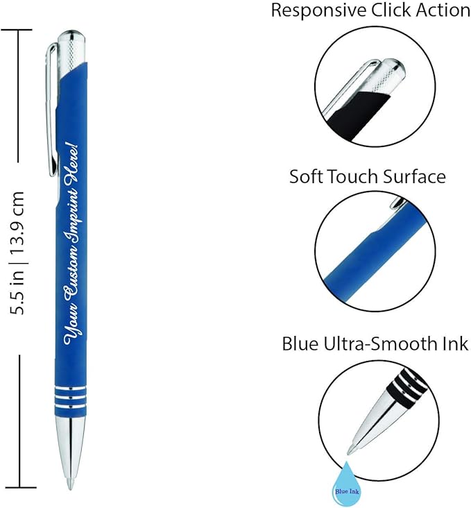 ExpressDesigns™ - Blue Ink Personalized Pens Rubberized - The Cameron - Custom Printed Name Pens - Imprinted with Logo or Message - Includes Personalization - 6 Pack (Black)