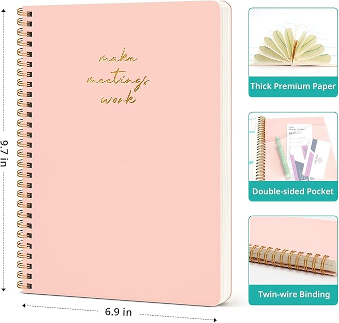 Taja Meeting Notebook for Work Organization - Work notebook with action items, Meeting Minutes Planner Notebook, Perfect Office Supplies for Men & Women - Pink