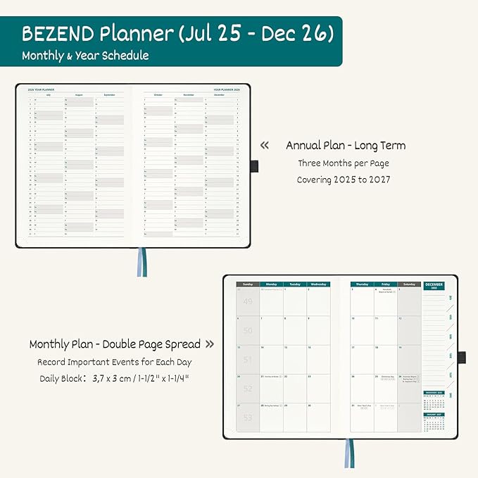 BEZEND Weekly Planner 2025-2026 with 2 Columns, 5.8" x 8.5" Academic Calendar 18 Months (Jul 25-Dec 26) Life Work Appointment Book with Monthly Tab, PU Leather Hardcover - Prussian Blue