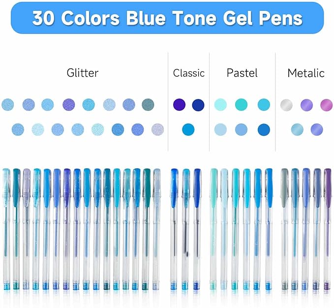 Shuttle Art 60 Pack Blue Tone Gel Pens, 30 Blue Tone Gel Pens with 30 Refills for Adults Coloring Books Journaling Drawing Nature, Landscapes, Animals Scenes