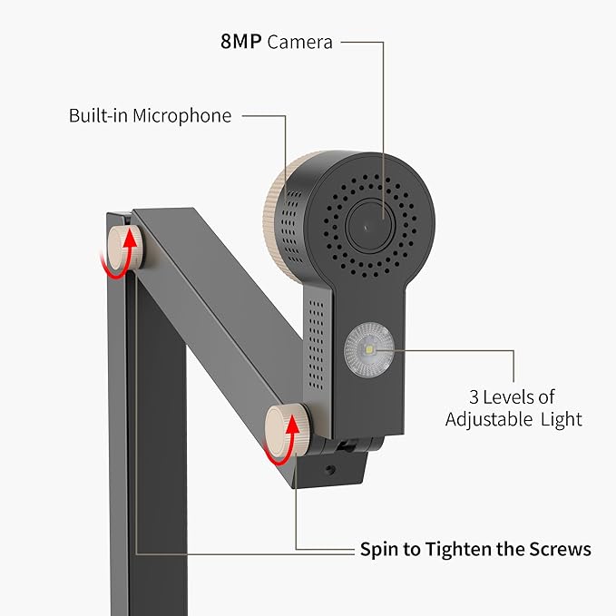 CZUR Fancy Pro 8MP USB Document Camera for Teacher, 4K Webcam with Microphone and LED Light, Up to 60fps, Auto Focus, for Remote Teaching, Live Streaming, Web Conference, for Mac and Windows