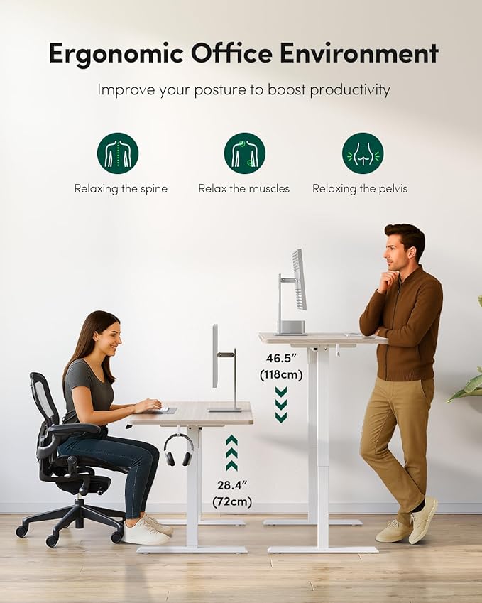 FEZIBO One-Piece Standing Desk Adjustable Height Stand up Home Office Desk, 55x24 Inch Electric Standing Computer Desk, with 4 Memory Presets, Fixable casters, Light Walnut