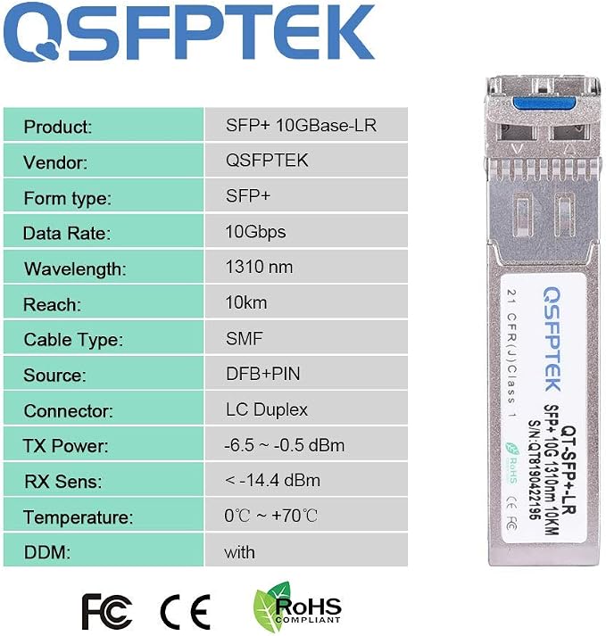 QSFPTEK 10G SFP+ LR Module, 10GBASE-LR Mini Gbic SFP SMF 1310nm 10km DDM LC - Image 6