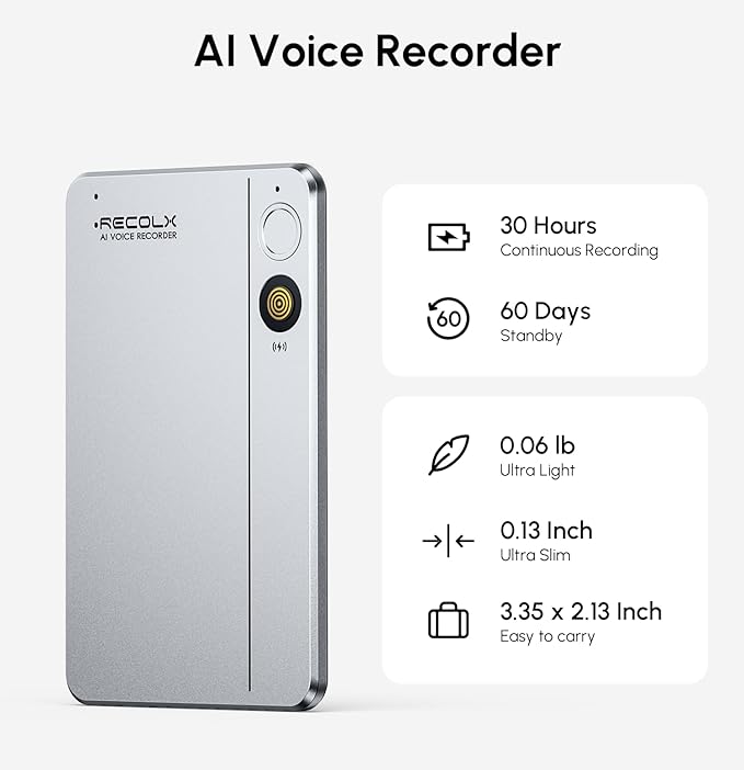 AI Voice Recorder, App Control, Transcribe & Summarize with 71 Pro Templates, Deep AI Analysis, Record Anytime Anywhere for Meetings, Work, Lectures, 112 Languages,Grey