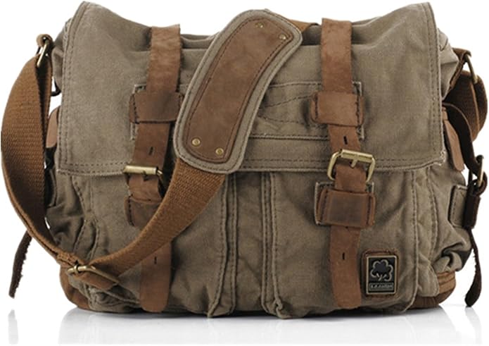 Sechunk Vintage Military Leather Canvas Laptop Bag Messenger Bags Medium - Image 2