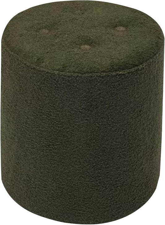 Modern Round Ottoman, Button-Tufted Foot Stool Ottoman, Teddy Fleece Upholstered Vanity Stool for Makeup, Bedroom, Living Room, Dark Green