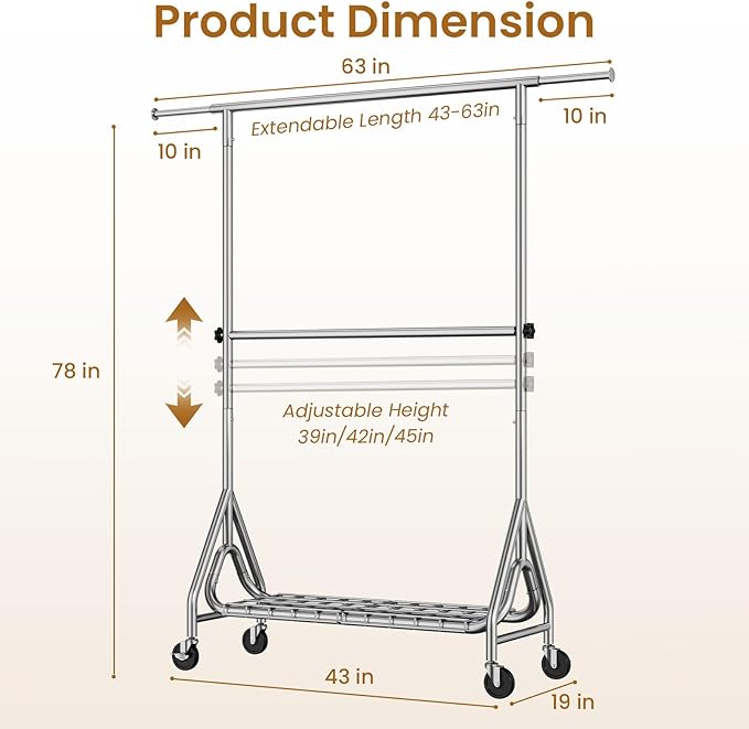 Heavy Duty Clothes Rack for Hanging Clothes, Double Rods Clothing Rack with Lockable Wheels, Rolling Garment Racks with Shelf, Easy to Assemble, Silver
