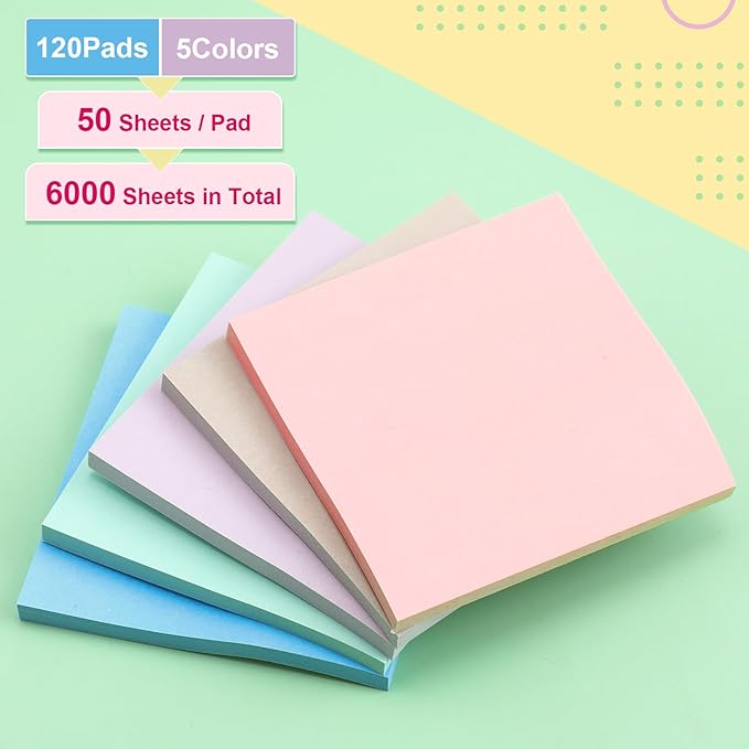 Fainne 120 Pack Sticky Notes Bulk Back to School Supplies Self Stick Note Pads Paper Memo for Office First Day of School Student Teacher Essentials (3x3 Inch,Cute Color)