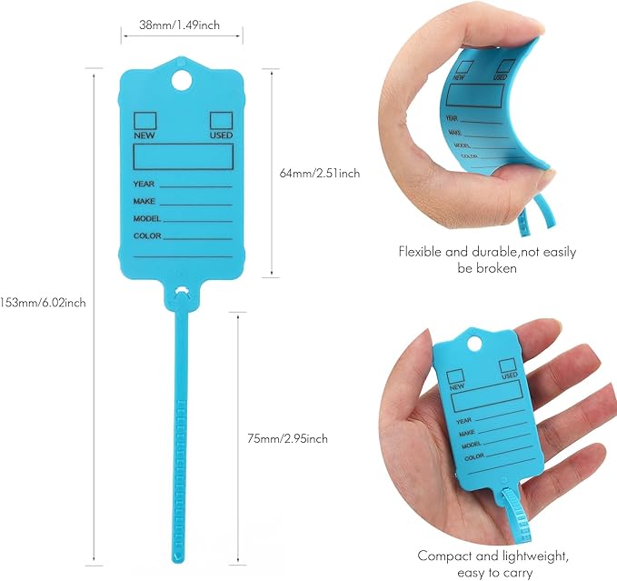 200 Car Key Tags with Labels Plastic Car Dealership Key Tags Self Locking Automotive Identifiers Blank Shop Labels with One Pen (Blue)