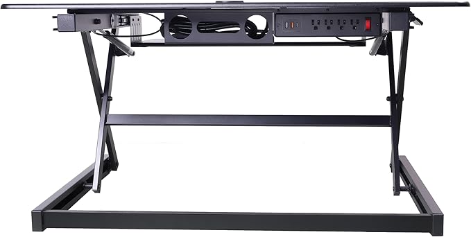 Rocelco 40" Height Adjustable Standing Desk Converter with AC Outlet USB Charger and Dual Monitor Arm Mount - Sit Stand Up Tabletop Riser - Sliding Keyboard Tray - Black (R DADRB-40-ACUSB-MA2)