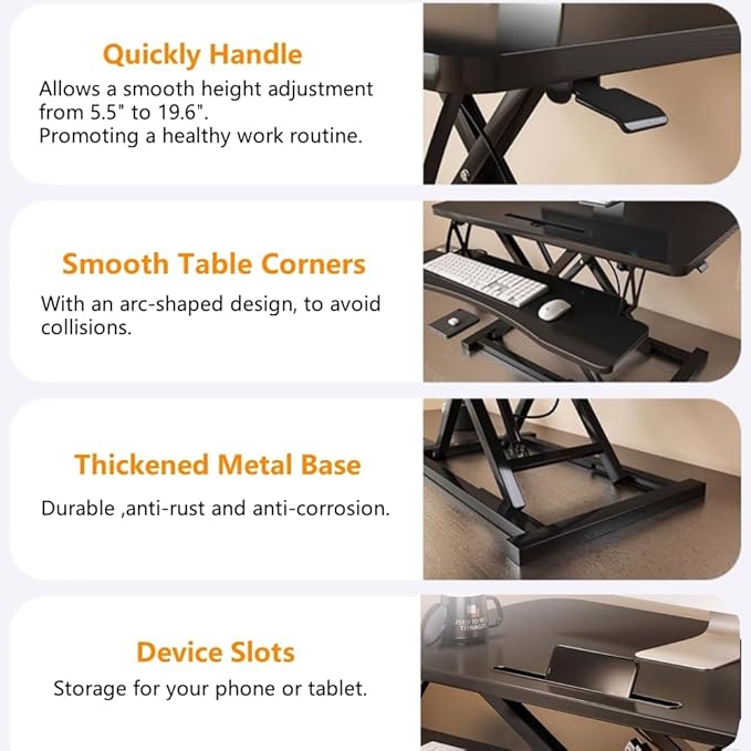 37-inch Standing Desk Converter,Height Adjustable Sit to Stand Up Workstation Riser, Dual Monitor and Laptop Riser with Wide Keyboard Tray, Headphone Stand,Cable Clips,for Home Office, Black