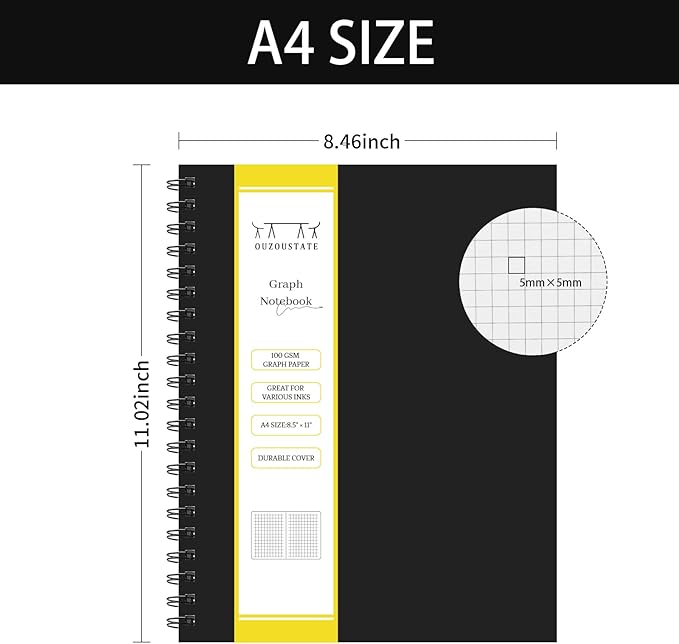 Graph Paper Spiral Notebook-A4 Grid Journal 8.5" x 11" - 4 Pack 160 Pages 100GSM Thick Paper Large Hardcover Notebooks for Note Taking Engineering Graphing Work School Supplies,Black