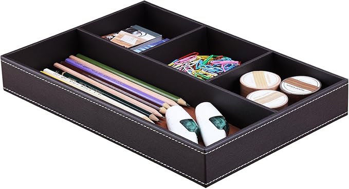 KINGFOM Pu Leather Desk Organizer Tray, 4 Compartment Office Storage Supplies Stationery Drawer Tray, Nightstand Bedside Tray for Key, Wallet, Watch, Coin, Phone Valet Tray Stackable