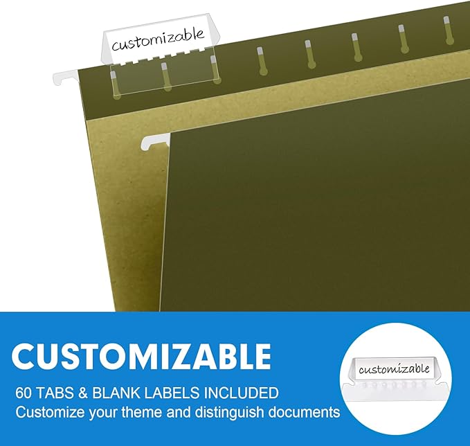 Extra Capacity Hanging File Folders, RAZCC 60 Pack Letter Size Reinforced Hanging Folders with Heavy Duty 2 Inch Expansion for Bulky Files, Filing Cabinet, Adjustable Tabs, Green