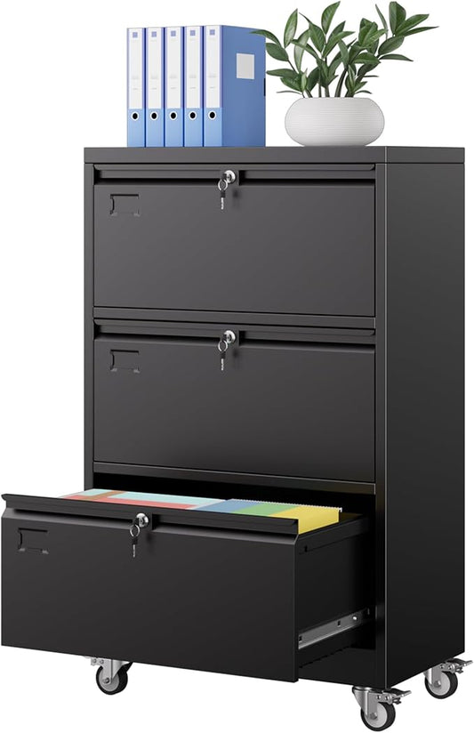 Aobabo 3 Drawer Lateral File Cabinet with Wheels,Metal Filing Cabinet with 3 Lock, for Home Office School Hanging Files Letter/Legal/F4/A4 Size, Assembly Required, Black
