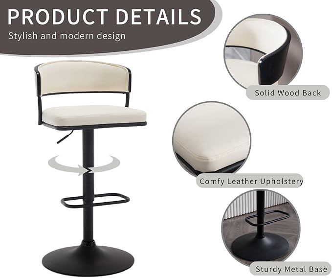 Adjustable Modern Bar Stools Set of 6 Faux Leather Barstools Swivel Counter Height Bar stools with Curved Back/Black Metal Base Comfy Upholstered Bar Chairs for Kitchen Island, Beige